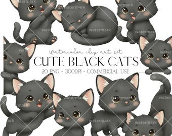 Clipart aquarelle mignon chats noirs PNG, chaton pour faire-part d'anniversaire, baby shower, décoration de chambre d'enfant, usage commercial, téléchargement immédiat