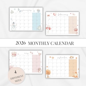 Illustrierter Kindermonatskalender 2026 Druckbarer bunter Kalender mit niedlichen Themenplaner Design Neujahr Kinder Geschenkidee