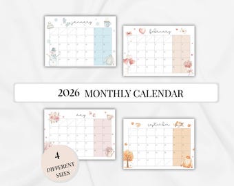 Calendrier mensuel illustré pour enfants 2026, calendrier familial coloré à imprimer avec un joli agenda sur le thème, une idée cadeau pour le Nouvel An pour les enfants