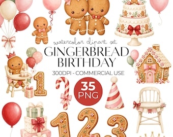 Gingerbread Birthday Clipart, 35 Watercolor PNGs, First Birthday Party, Christmas Designs, Commercial Use Included