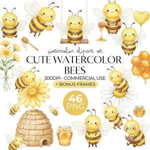 Può includere: Una collezione di illustrazioni ad acquerello con api a strisce gialle e nere, favi, barattoli di miele, un alveare e margherite. Il testo recita: watercolor clipart set CUTE WATERCOLOR BEES 300DPI - COMMERCIAL USE + BONUS FRAMES 46 PNG.