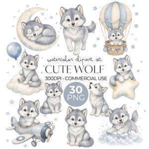 Puede incluir: Una colección digital de ilustraciones de lobos en acuarela con varias poses, incluyendo un lobo durmiendo en una luna creciente, en un globo aerostático, sentado en una estrella y volando un avión, con el texto watercolor clipart set CUTE WOLF 300DPI - COMMERCIAL USE 30 PNG.