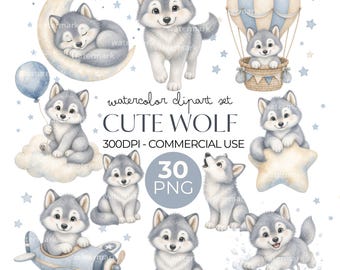 Cute Wolf Clipart Watercolor PNG Bundle Wilderness Graphics for Nursery Decor, Boy Baby Shower Invitation Birthday, Wall Art, Commercial Use
