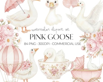 Pink Goose Watercolor Clipart PNG Baby Goose Clipart Bundle for Girly Nursery Art, Baby Shower Decor, Instant Download, Commercial Use