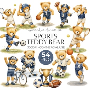Puede incluir: Un conjunto de imágenes prediseñadas en acuarela con osos de peluche practicando deportes como béisbol, baloncesto, fútbol, tenis, ciclismo y hockey. Incluye un trofeo dorado, pelotas y el texto SPORTS TEDDY BEAR 300DPI - COMMERCIAL USE.