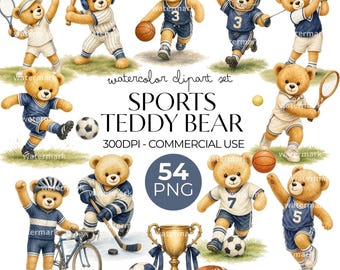 Sports Teddy Bear Clipart Watercolor PNG Bundle, Cute Bear Athlete Football Basketball Soccer Baseball Bear, Instant Download Commercial Use