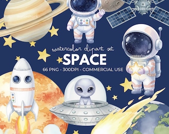 Paquete de imágenes prediseñadas PNG de espacio en acuarela: astronautas, planetas, estrellas y universo para decoración de cumpleaños y guarderías. Descarga instantánea y uso comercial.