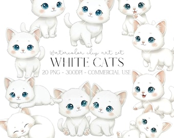 Clipart chats blancs aquarelle PNG Clipart chats aquarelle décoration de chambre d'enfant, clipart chaton mignon, usage commercial, téléchargement immédiat