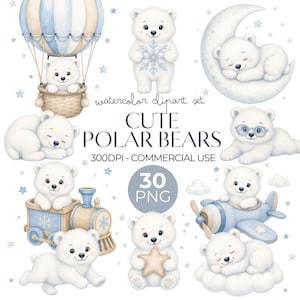 Söt isbjörn Clipart akvarell PNG-paket arktiska djur barnrumsdekor, babyshower vinterdesigner väggkonst, inbjudan, kommersiellt bruk