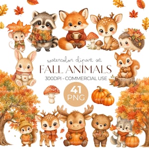 Può includere: Una collezione digitale di illustrazioni ad acquerello con animali del bosco tra cui un procione, una volpe, un cervo, un riccio, un coniglio, uno scoiattolo, un alce, un orso e un lupo, con foglie autunnali, zucche e funghi, etichettata FALL ANIMALS.