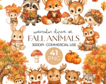 Fall Animals Clipart Watercolor PNG Woodland Autumn Animal Clipart Set Forest Animals Calendar Nursery Wall Art Baby Shower, Commercial Use