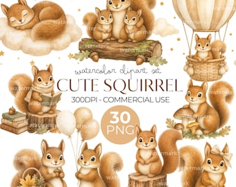 May include: A digital collection of watercolor squirrel illustrations featuring squirrels sleeping on clouds, sitting on logs, riding in a hot air balloon, reading books, holding balloons, and carrying baskets, with text reading CUTE SQUIRREL.