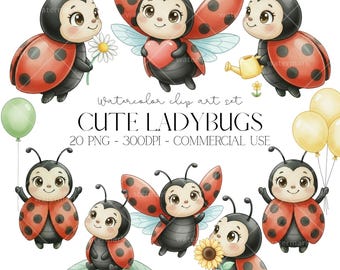 Joli clipart coccinelle aquarelle PNG coccinelles décoration de fête d'anniversaire petit insecte mignon Clipart pour enfants Téléchargement instantané usage commercial