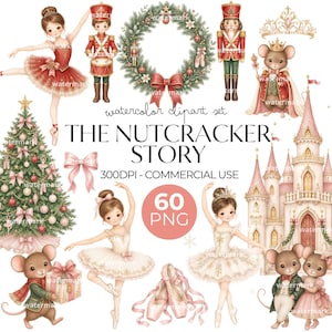 Könnte beinhalten: Ein Aquarell-Clipart-Set mit dem Titel THE NUTCRACKER STORY, das Illustrationen von Ballerinas, Nussknacker-Soldaten, einem Weihnachtsbaum, einem Kranz, einem Schloss, Mäusen und Ballettschuhen in Rot-, Grün-, Gold- und Rosatönen enthält.