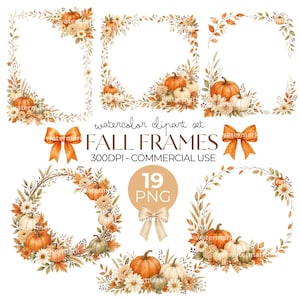 Op de afbeelding: Een digitale collectie van aquarel herfstframes met oranje pompoenen, witte pompoenen, herfstbladeren, tarwestengels en bloemen. De set bevat negentien PNG-bestanden met decoratieve strikken, gelabeld met de tekst FALL FRAMES 300DPI.