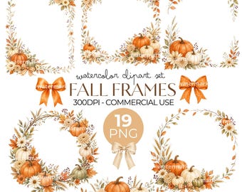 Watercolor Fall Frames Clipart: 19 Pumpkin Wreaths and Floral Borders, PNG, Commercial Use Included