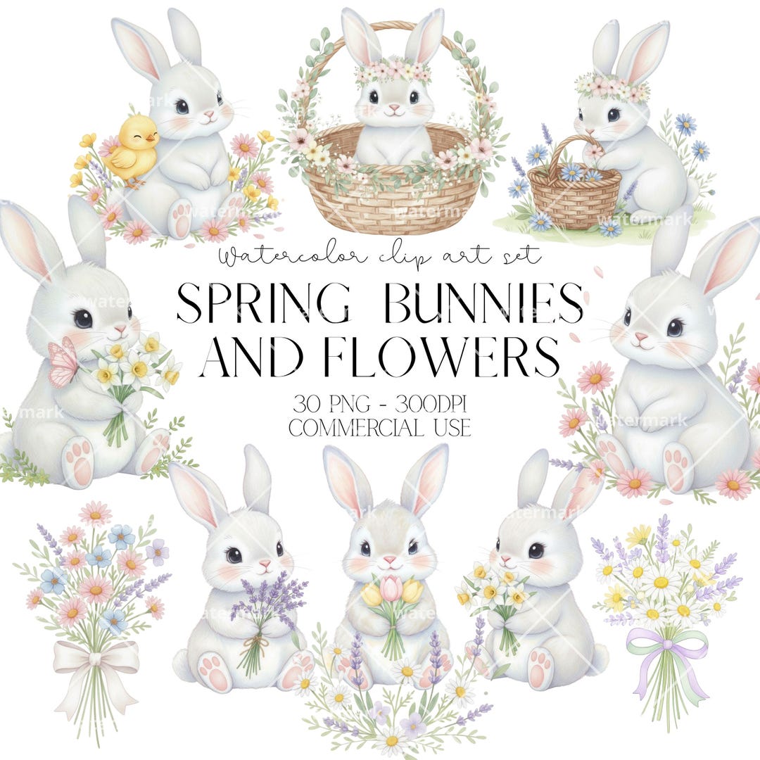 Spring Bunnies Watercolor Clipart PNG Bunny Invitation Clipart Floral ...