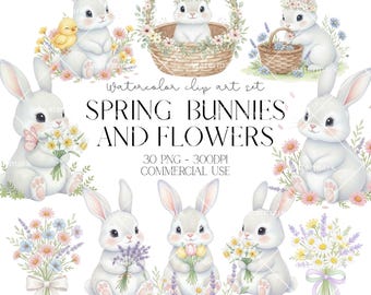 Lapins de printemps aquarelle Clipart PNG Lapin Invitation Clipart Floral lapin chambre d'enfant Decor fleurs Clipart Téléchargement instantané usage commercial