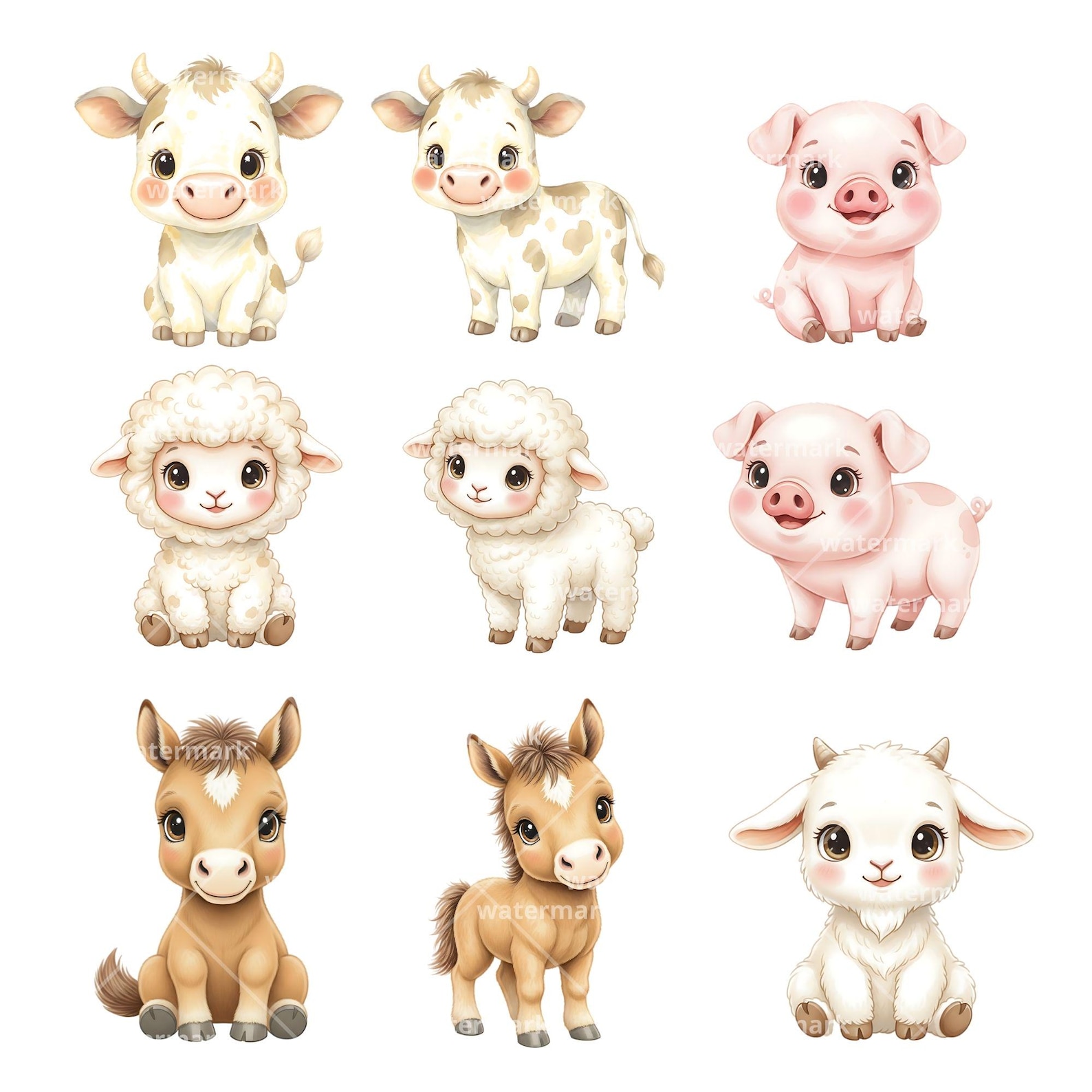 Cute Farm Animals Watercolor Clipart for Kids, Nursery Decor, Birthday ...
