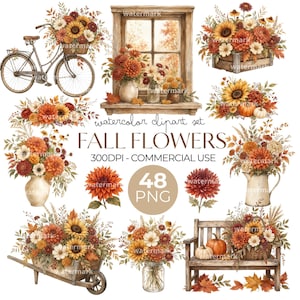 Könnte beinhalten: Ein digitales Aquarell-Clipart-Set mit dem Titel FALL FLOWERS, bestehend aus 48 PNG-Dateien. Die Sammlung enthält Illustrationen von Sonnenblumen, Dahlien und Herbstlaub, arrangiert in Körben, Vasen, einer Schubkarre, einer Bank und einem Fenster.