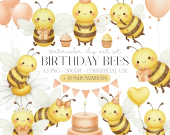 Anniversaire abeilles aquarelle Clipart PNG pour faire-part d'anniversaire, décoration de fête, baby shower abeille mignon, oeuvre d'art pour enfants, usage commercial, téléchargement immédiat