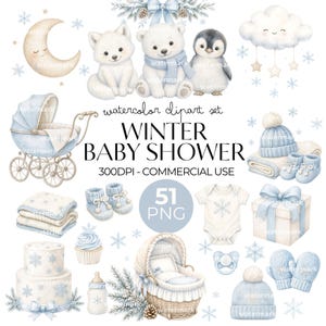May include: A watercolour clipart set featuring winter baby shower elements including a blue pram, a polar bear, a fox, a penguin, a crescent moon, a cloud, a baby onesie, a gift box, a cake, a pacifier, mittens, a hat, booties, and snowflakes.