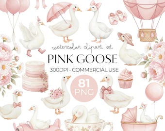 Pink Goose Watercolor Clipart PNG Baby Goose Clipart Bundle for Girly Nursery Art, Baby Shower Decor, Instant Download, Commercial Use