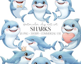 Clipart aquarelle de bébé requins pour les enfants, décoration de chambre d'enfant océan, anniversaire de requin, Baby Shower PNG, Clipart océan, téléchargement immédiat, art pour enfants