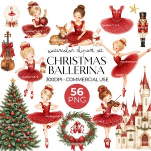 Può includere: Un set di clipart digitali ad acquerello con illustrazioni di ballerine in tutù rosso, un albero di Natale, uno schiaccianoci, un violino, un castello, una ghirlanda e una palla di neve, con il testo "watercolor clipart set CHRISTMAS BALLERINA 56 PNG".