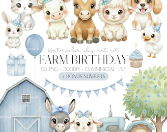Clipart anniversaire animaux de la ferme bleu PNG usage commercial fête des cliparts aquarelle animaux de la basse-cour décoration de la ferme baby shower téléchargement immédiat