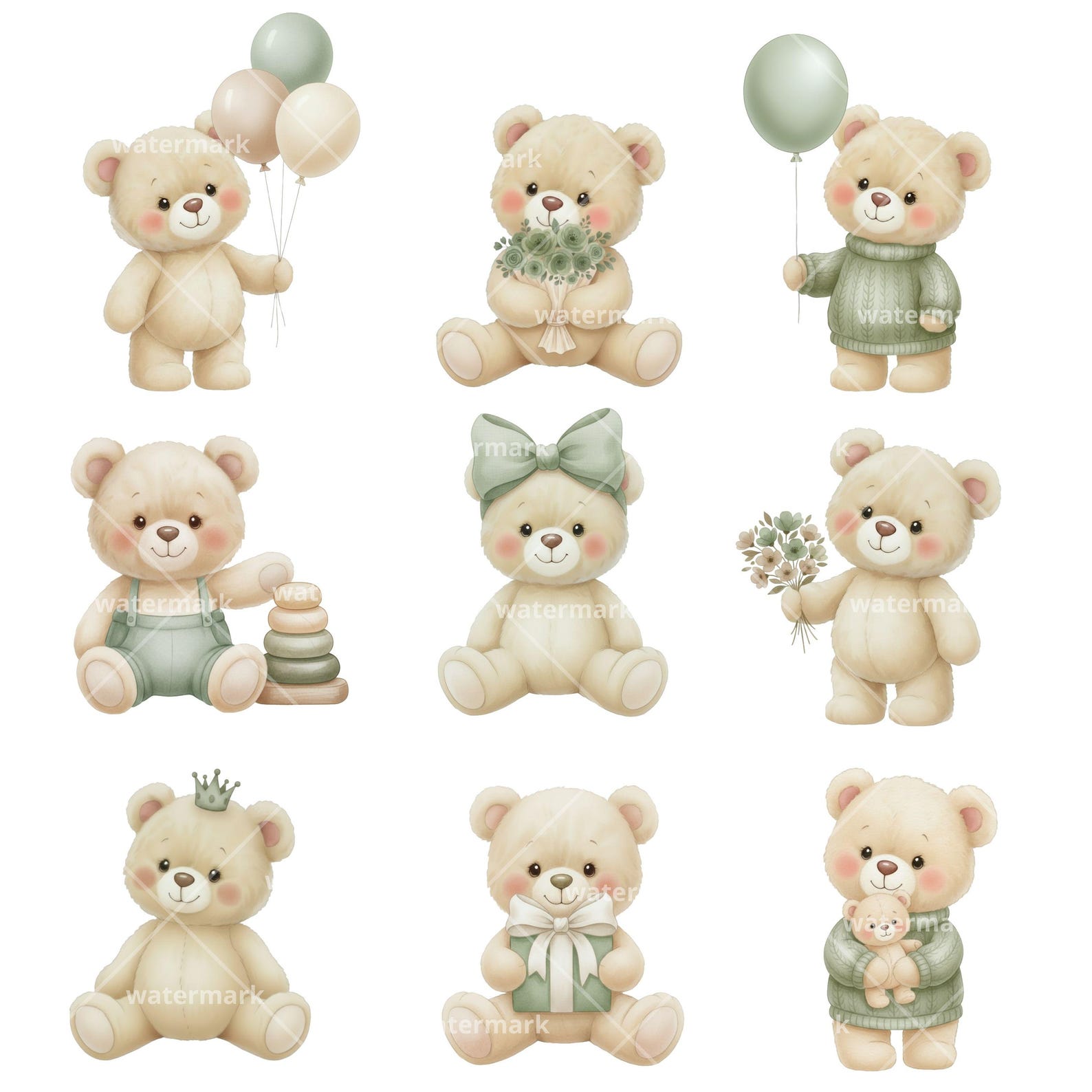 Watercolor Green Teddy Bear Clipart PNG for Cute Bear Nursery Decor ...