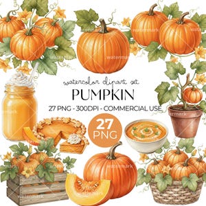 Può includere: Una collezione di illustrazioni ad acquerello con zucche arancioni, foglie verdi, fiori gialli, un barattolo, una torta di zucca, una ciotola di zuppa, una cassa di legno e una pianta in vaso con il testo watercolor clipart set PUMPKIN 27 PNG.
