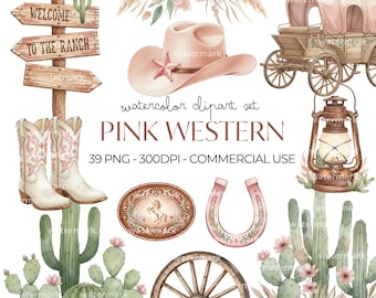 Pink Western Clipart Watercolor Cowgirl Bundle PNG Western First Birthday Party, Boots Hat Cactus Graphics, Instant Download, Commercial Use