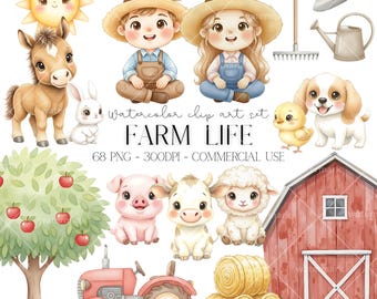 Clipart aquarelle de ferme mignon pour enfants, vie à la ferme, animaux de la ferme, décoration de chambre d'enfant, baby shower PNG, grange, agriculteurs, cheval, téléchargement immédiat
