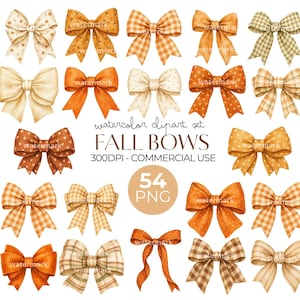 May include: A collection of twenty-one watercolor illustrations of decorative bows in various shades of orange, cream, and brown, featuring patterns like gingham, plaid, and polka dots, with text reading watercolor clipart set FALL BOWS 300DPI.