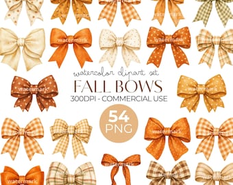 Watercolor Fall Bow Clipart Bundle: 54 Autumn Coquette Ribbon PNGs, Gingham, Commercial Use Included