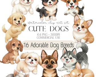 Bundle de cliparts aquarelle chiens mignons, clipart races de chiens, berger allemand, Golden Retriever, teckel, usage commercial, téléchargement immédiat