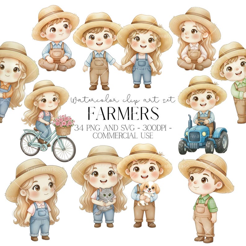 Farmers Watercolor Cute Clipart PNG SVG Commercial License, Farm Party ...
