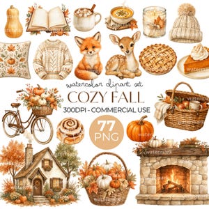 May include: A watercolour clipart set featuring autumn-themed illustrations including a pumpkin, open book, mug, soup, candle, knit hat, pillow, sweater, fox, fawn, pie, bicycle, cinnamon roll, basket, house, and fireplace with the text Cozy Fall.