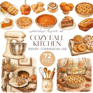 Könnte beinhalten: Ein Aquarell-Clipart-Set mit dem Titel COZY FALL KITCHEN 300DPI - COMMERCIAL USE 72 PNG mit Illustrationen von Backwaren wie Kuchen, Muffins, Zimtschnecken und Brot, einer Küchenmaschine, Küchenutensilien und einer Kamin-Szene.