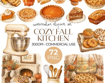 Cozy Fall Kitchen Clipart Watercolor PNG Bundle Autumn Baking Clipart Set, Thanksgiving Kitchen Art, Menu Design, Wall Art, Commercial Use