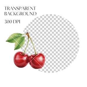 May include: Watercolor illustration of two ripe red cherries with green leaves and stems. The image has a transparent background and the text "TRANSPARENT BACKGROUND" and "300 DPI" in black.