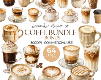 Coffee Clipart Watercolor PNG Bundle Coffee Drinks BONUS Matcha Latte Commercial Use Cozy Café Bar Menu Design Wall Art Mug Brunch Invite