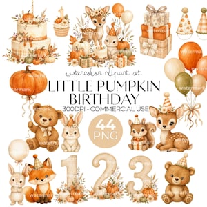 May include: A watercolor clipart set titled LITTLE PUMPKIN BIRTHDAY featuring illustrations of a two-tier cake, a deer, a rabbit, a fox, bears, squirrels, pumpkins, gift boxes, balloons, party hats, and the numbers one, two, and three.