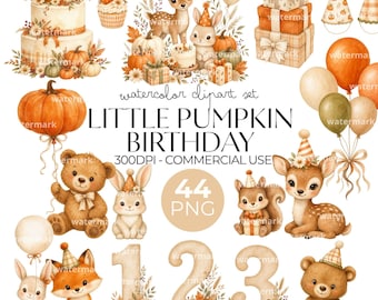 Little Pumpkin First Birthday Clipart: Watercolor Fall Party 44 PNG Bundle, Commercial Use Included