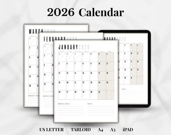 Printable 2026 Calendar Digital Download Family Monthly Calendar Planner Aesthetic Yearly Calendar Wall Poster with Minimalist Design PDF