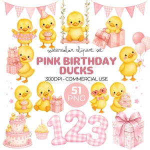Paquete de imágenes prediseñadas de patitos de cumpleaños rosas en acuarela PNG, invitación de cumpleaños con patitos, arte de pared, gráficos para baby shower de niña, decoración de guardería, uso comercial.