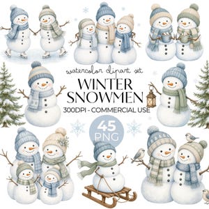 May include: A watercolor clipart set featuring various snowmen wearing knit hats and scarves, some holding mugs or lanterns, others on a sled or with birds. The text reads: watercolor clipart set WINTER SNOWMEN 300DPI - COMMERCIAL USE 45 PNG.