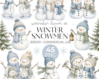 May include: A watercolor clipart set featuring various snowmen wearing knit hats and scarves, some holding mugs or lanterns, others on a sled or with birds. The text reads: watercolor clipart set WINTER SNOWMEN 300DPI - COMMERCIAL USE 45 PNG.