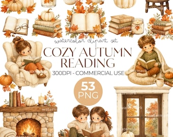 May include: A digital watercolor clipart set titled COZY AUTUMN READING featuring illustrations of pumpkins, books, candles, mugs, a stone fireplace, a window, and children reading. The set includes 53 PNG files with autumn leaves and cozy themes.
